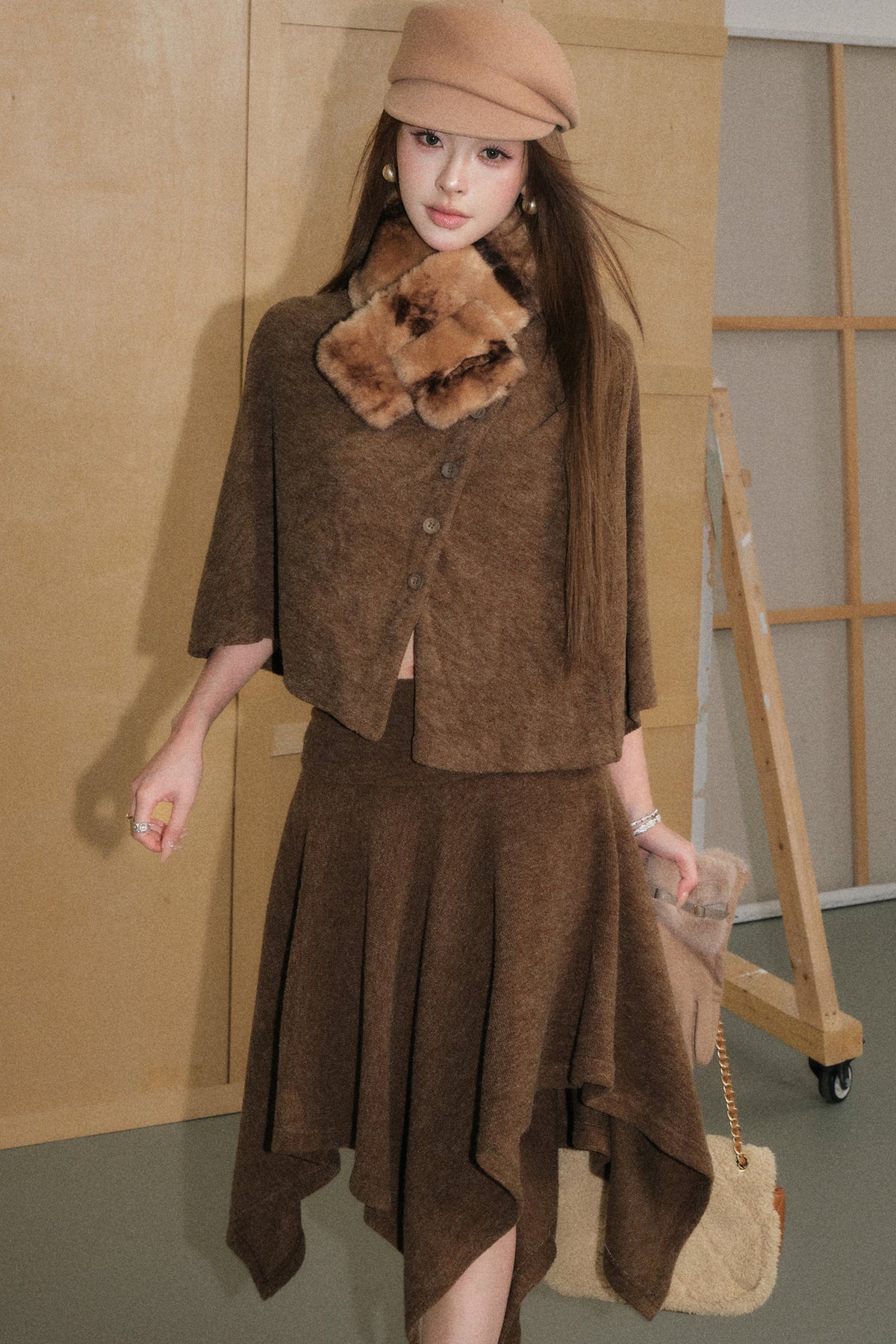 Mocha Brown Velvet-Like Top and Skirt Set