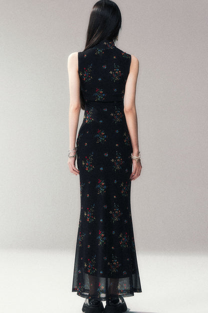 Floral Mesh Cheongsam Long Dress