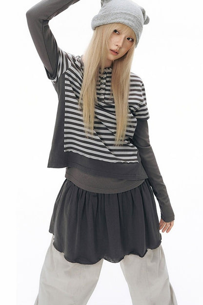 Striped Hooded Knit Short-Sleeve Top
