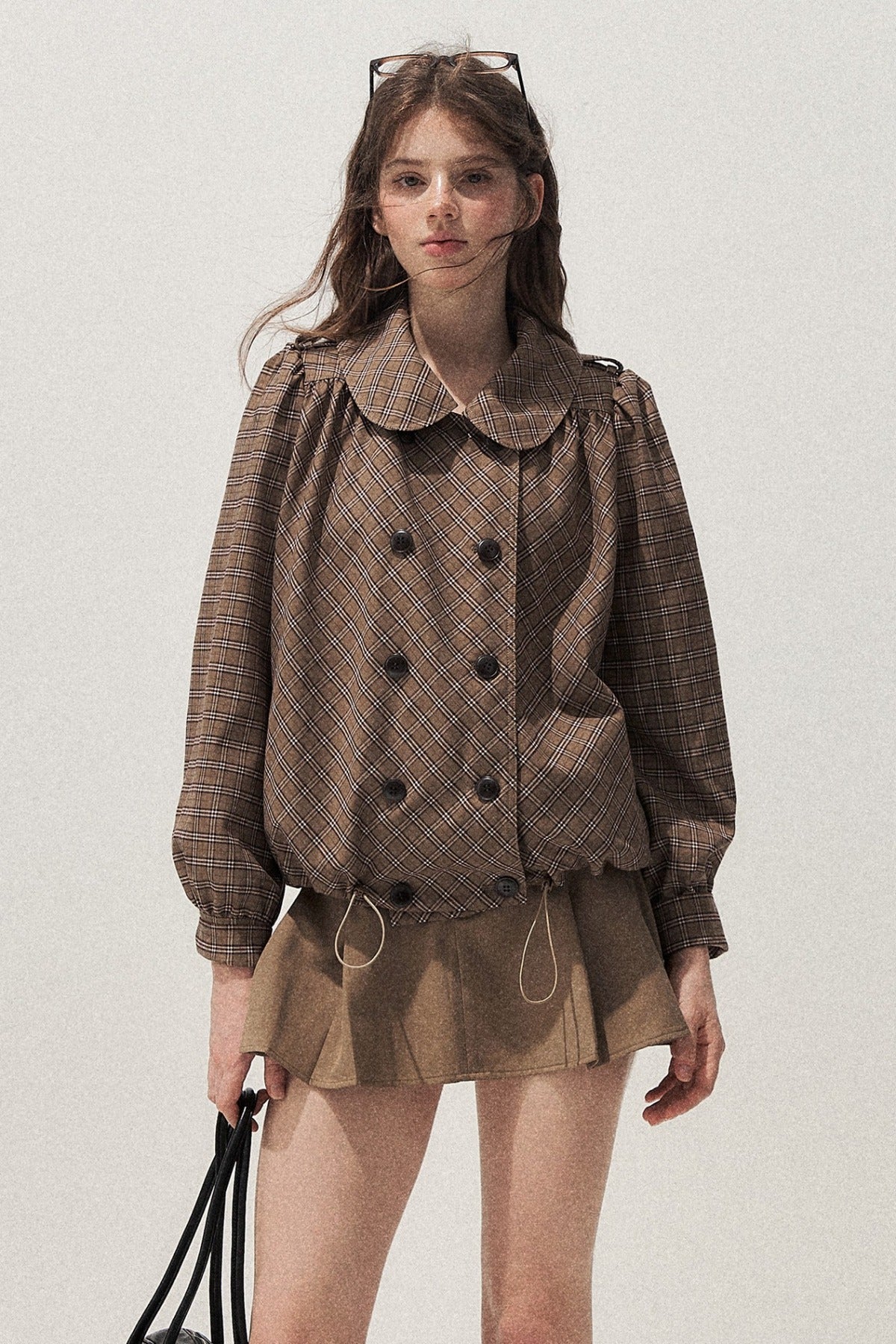 Brown Doll Collar Trench Coat and Skirt Set-Up