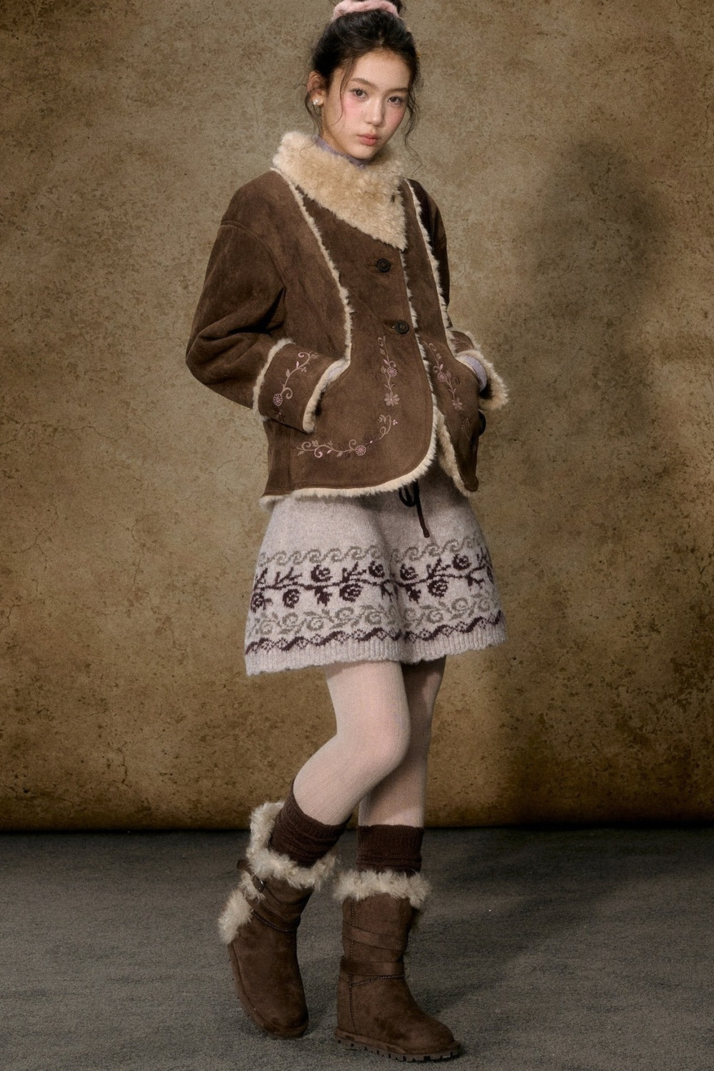 Embroidered Branch Snow Faux Suede Jacket