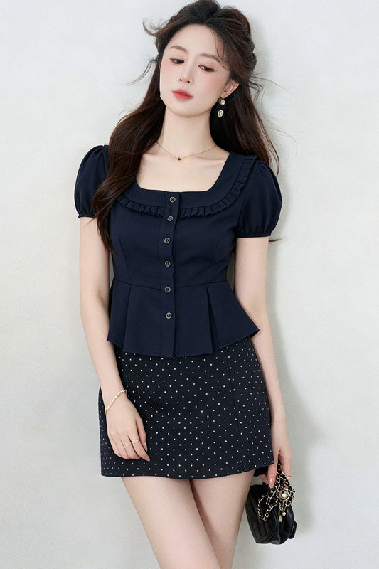 Short-Sleeved Shirt and Polka Dot Skirt Set-Up