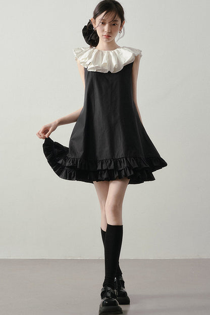 Black White Contrast Ruffle Collar Sleeveless Dress