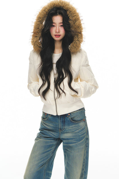 Lightweight Hooded Fur Collar Down Jacket and Pants Set-Up