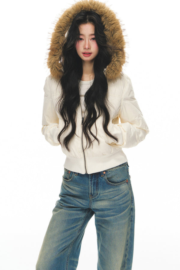 Lightweight Hooded Fur Collar Down Jacket and Pants Set-Up