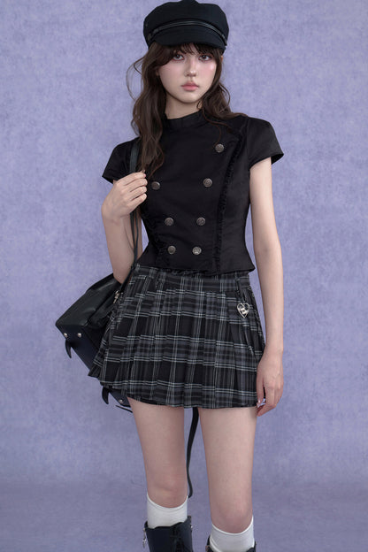 Black Double-Breasted Stand Collar Shirt