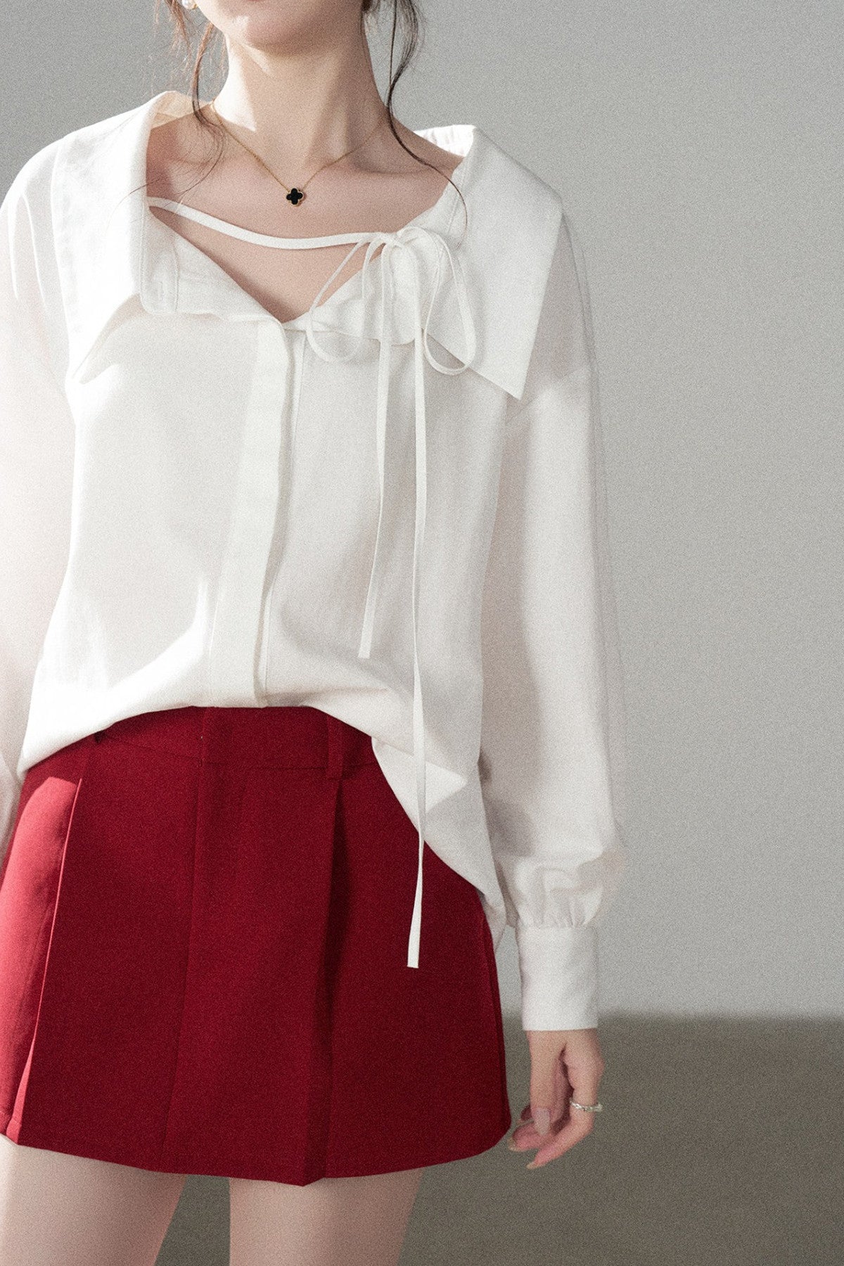 Long-Sleeve V-Neck Shirt and Skirt Set-Up