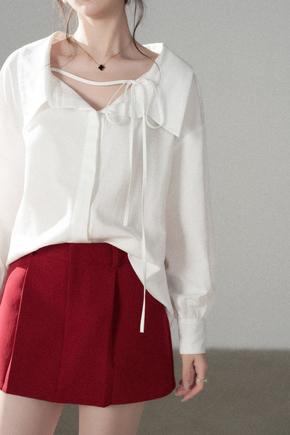 Long-Sleeve V-Neck Shirt and Skirt Set-Up