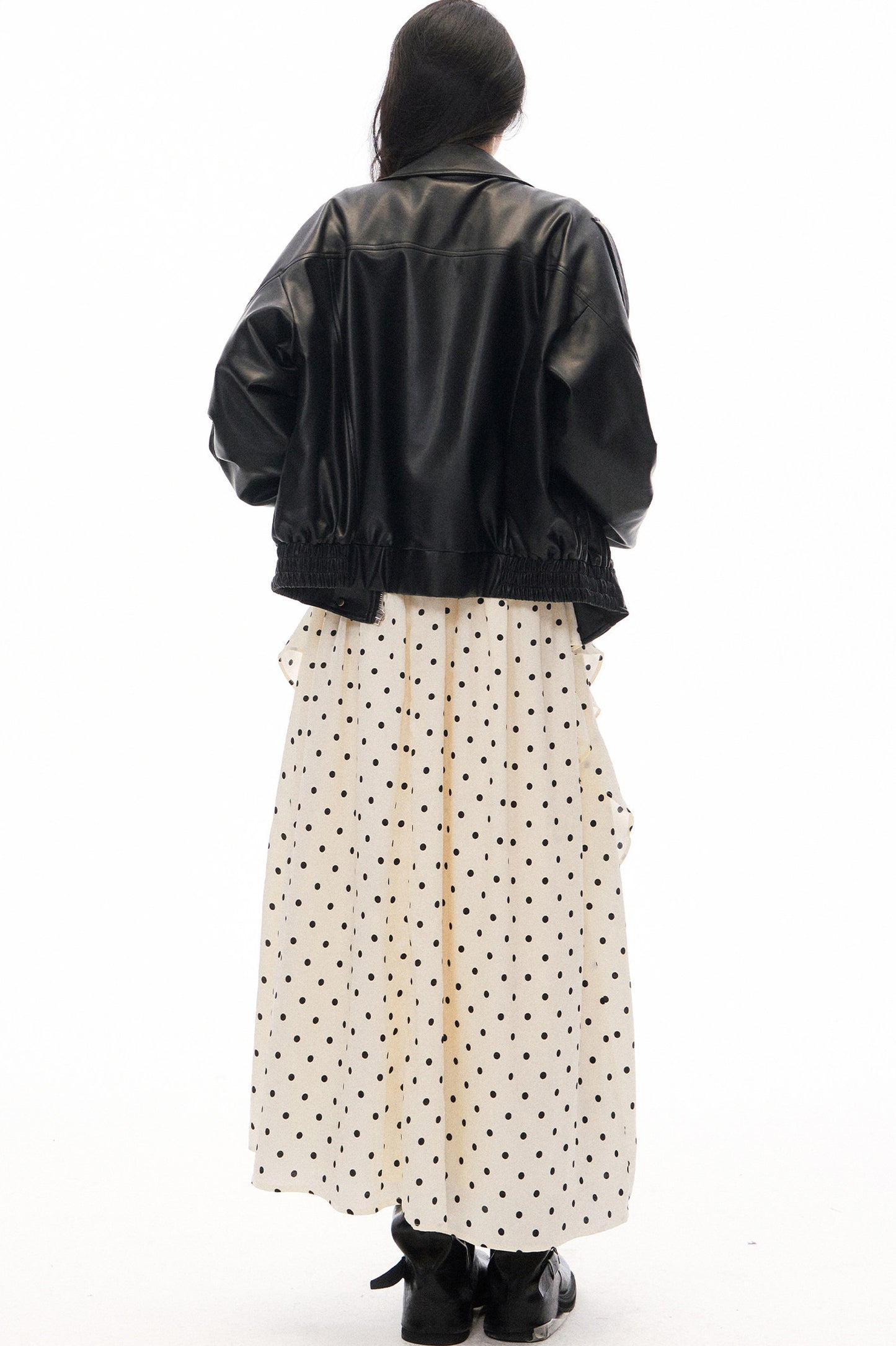 Black PU Lapel Biker Jacket, Polka Skirt and Dress Set-Up