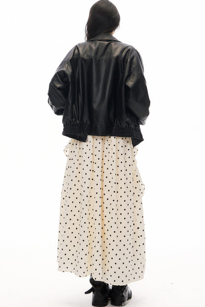 Black PU Lapel Biker Jacket, Polka Skirt and Dress Set-Up