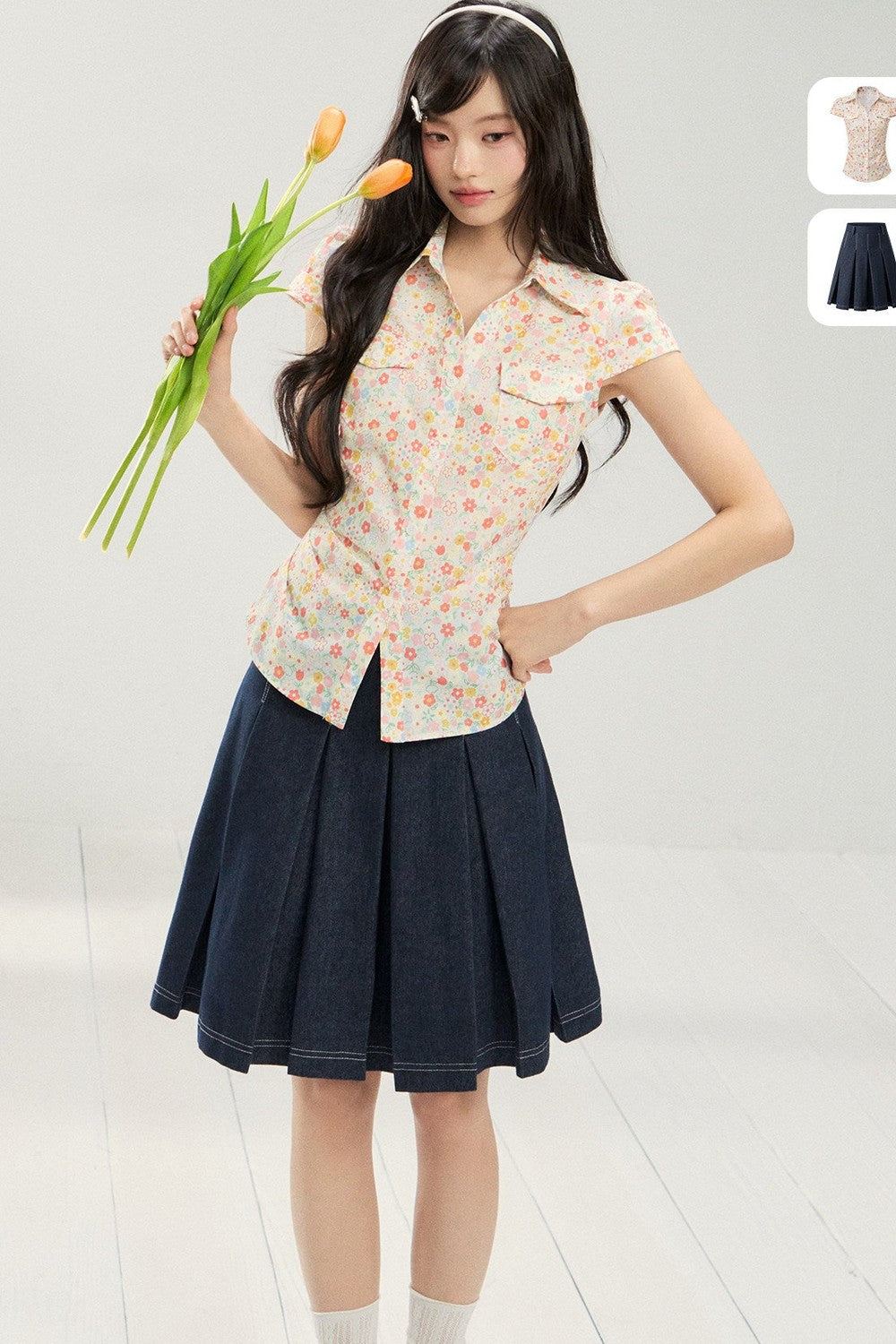 Retro Floral Collar Top and Skirt Set