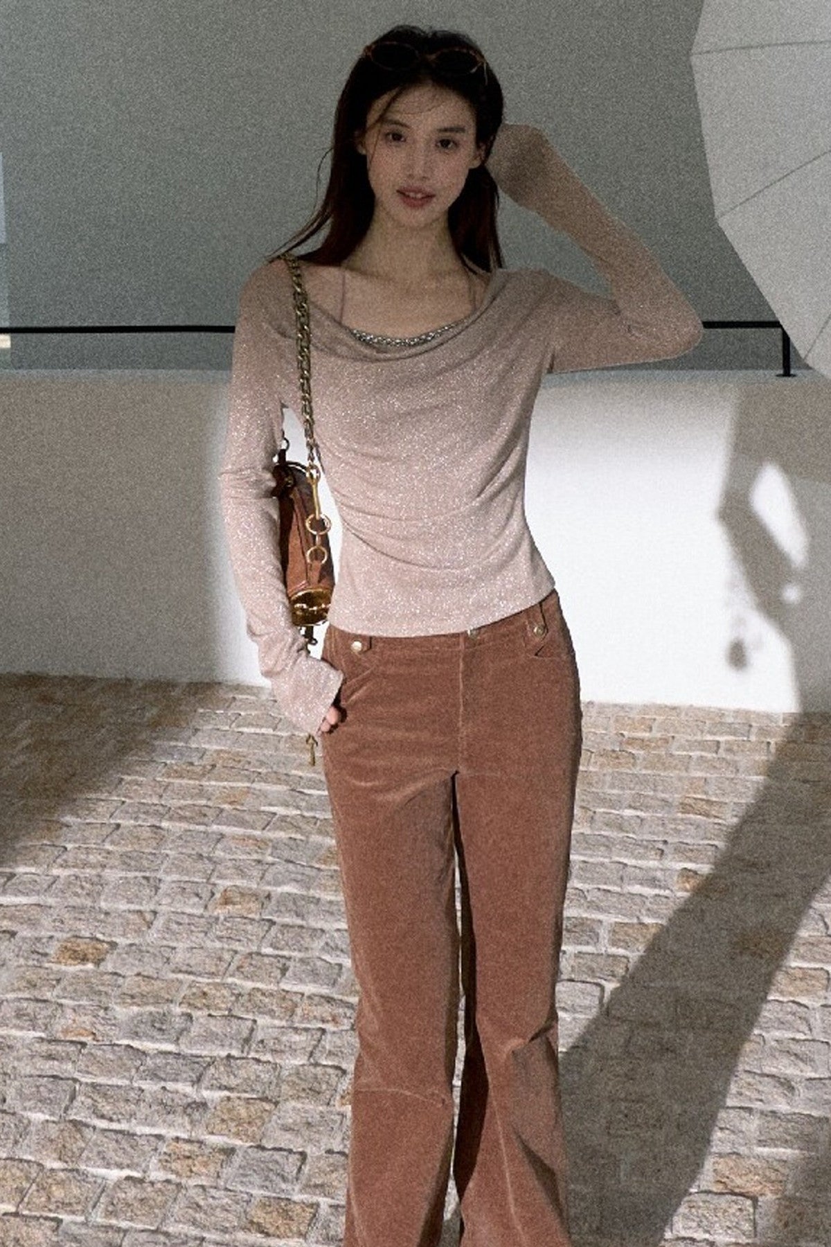 Beaded Ribbon Cowl Neck Knit Top