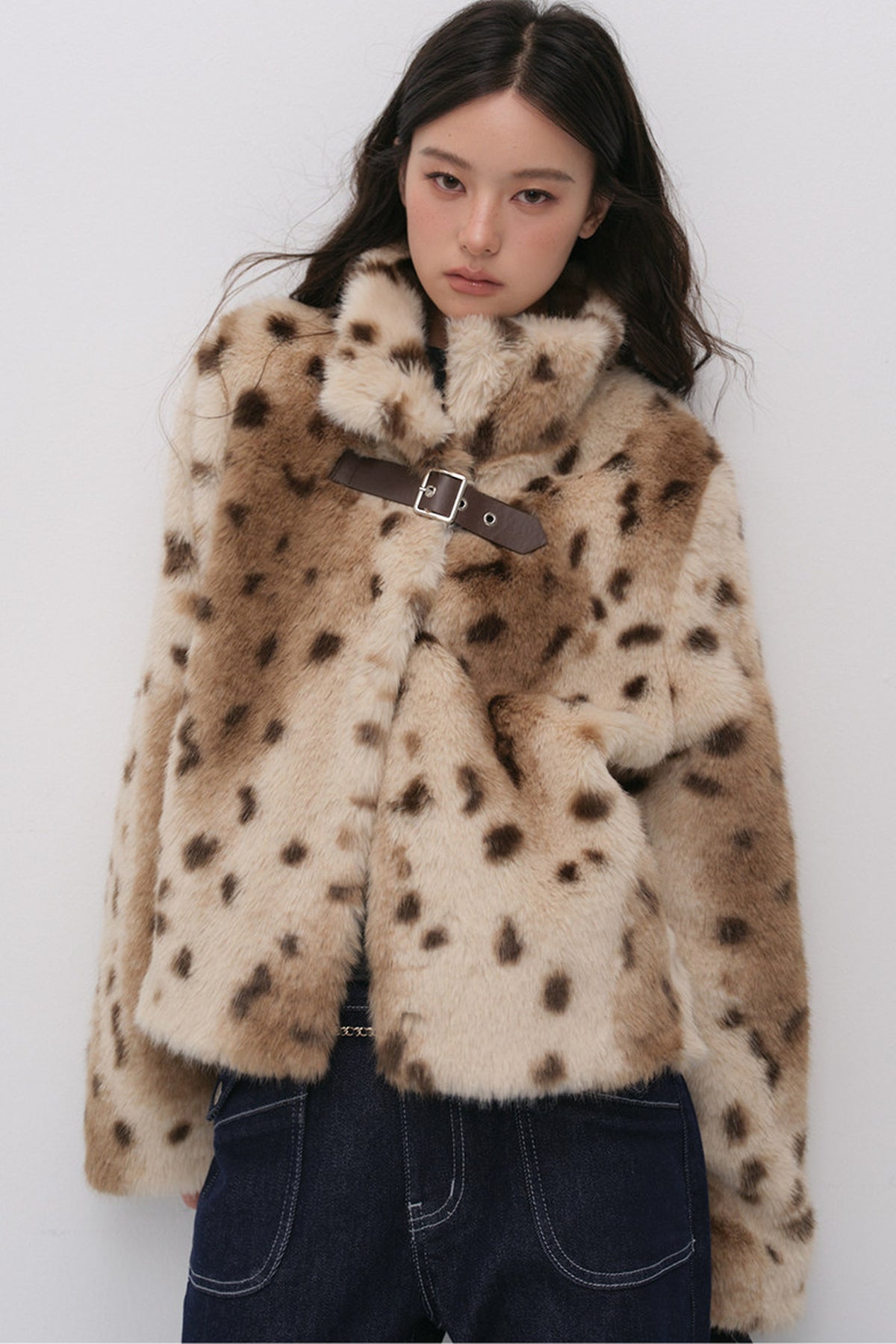Cheetah Print Buckle Stand Collar Coat