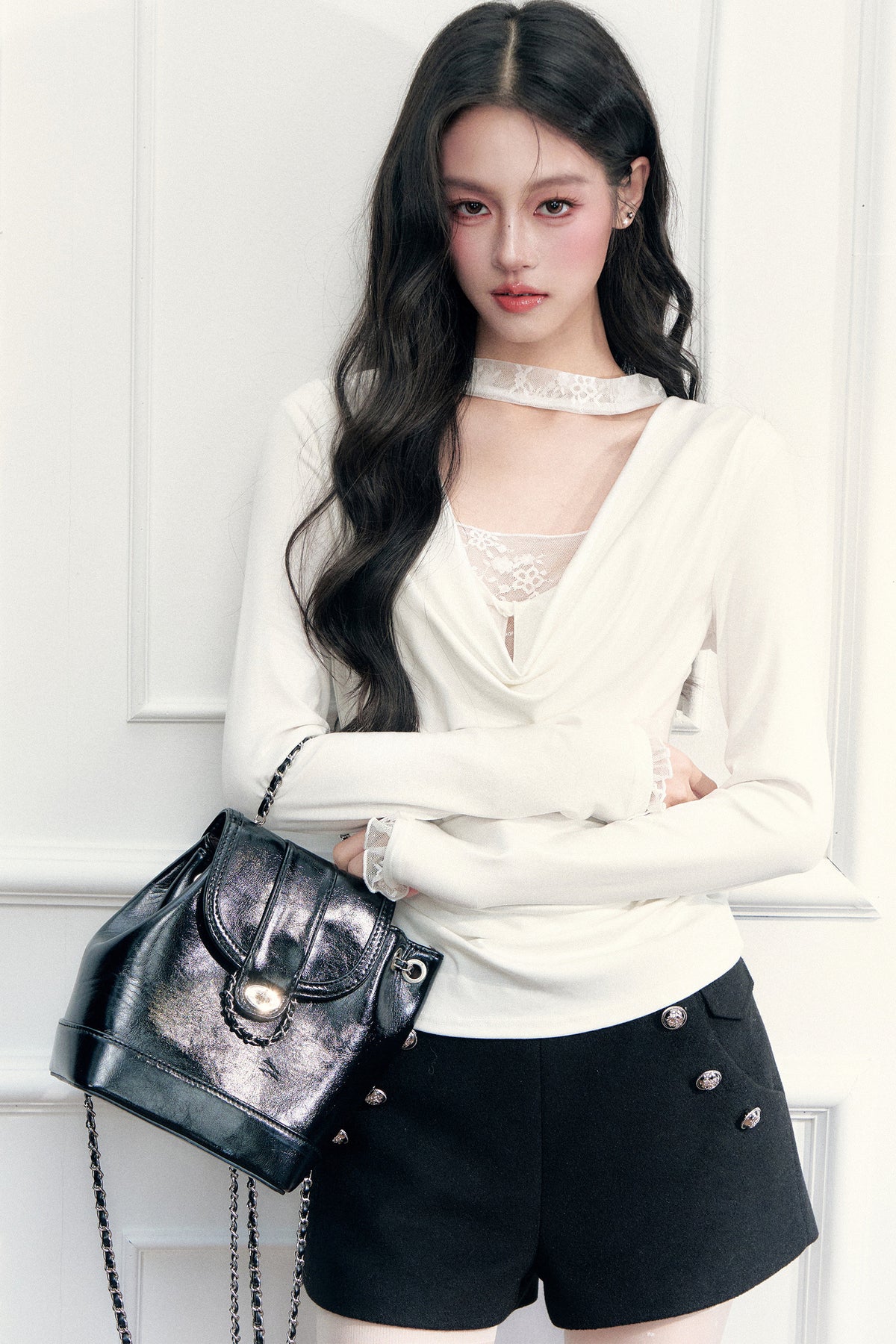 Lace Draped Neckline Long Sleeve Top