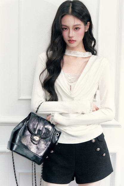 Lace Draped Neckline Long Sleeve Top