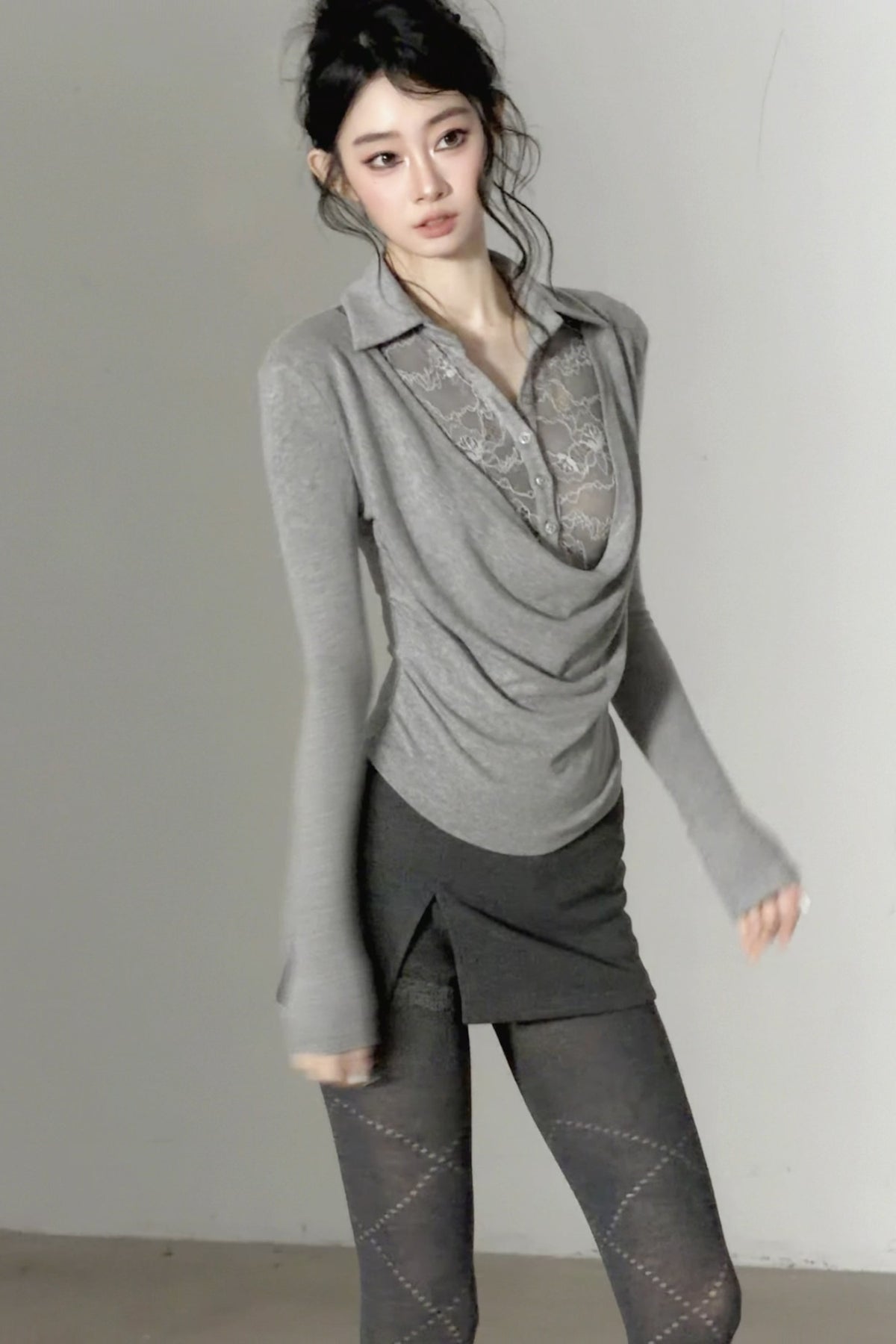 Lace Drape Collar Long-Sleeve Knit Top