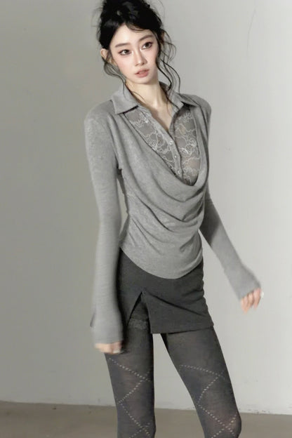 Lace Drape Collar Long-Sleeve Knit Top