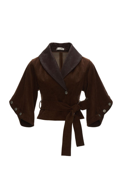 Plaid Suede-Like Leather Patchwork Cinched Waist Jacket