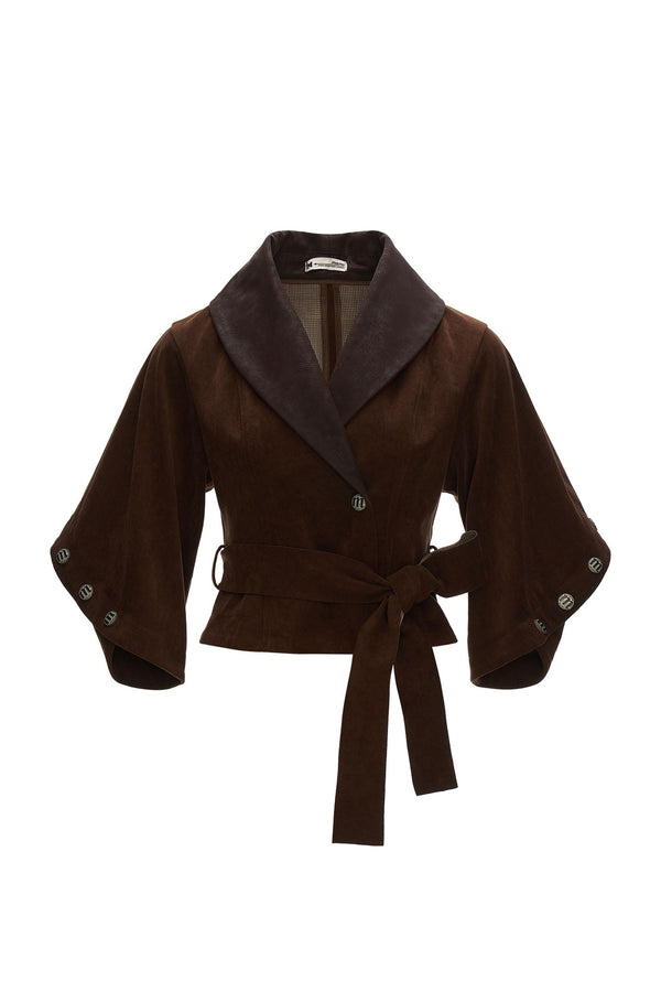 Plaid Suede-Like Leather Patchwork Cinched Waist Jacket