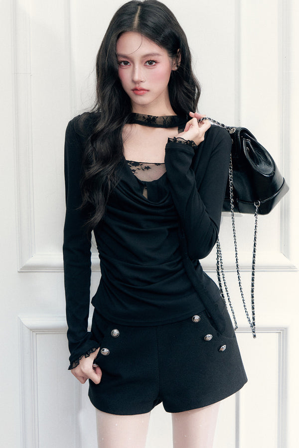 Lace Draped Neckline Long Sleeve Top