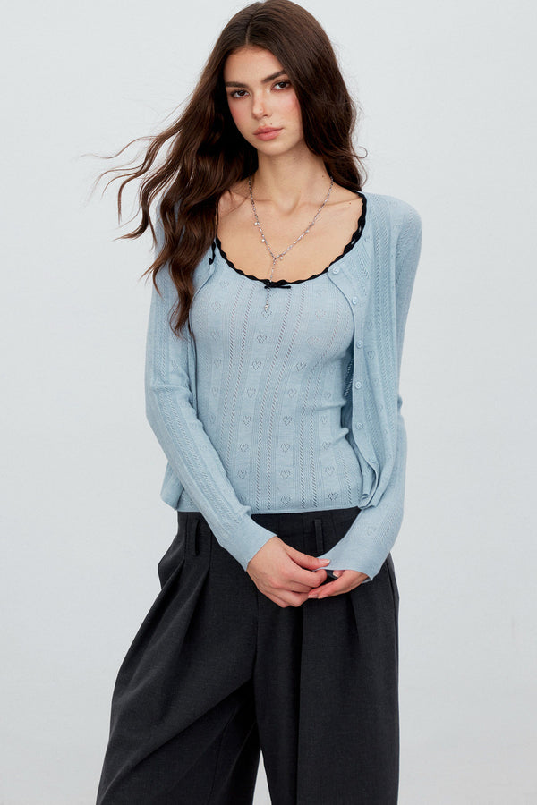Heart Hollow Ruffle Knit Camisole And Cardigan Set-Up
