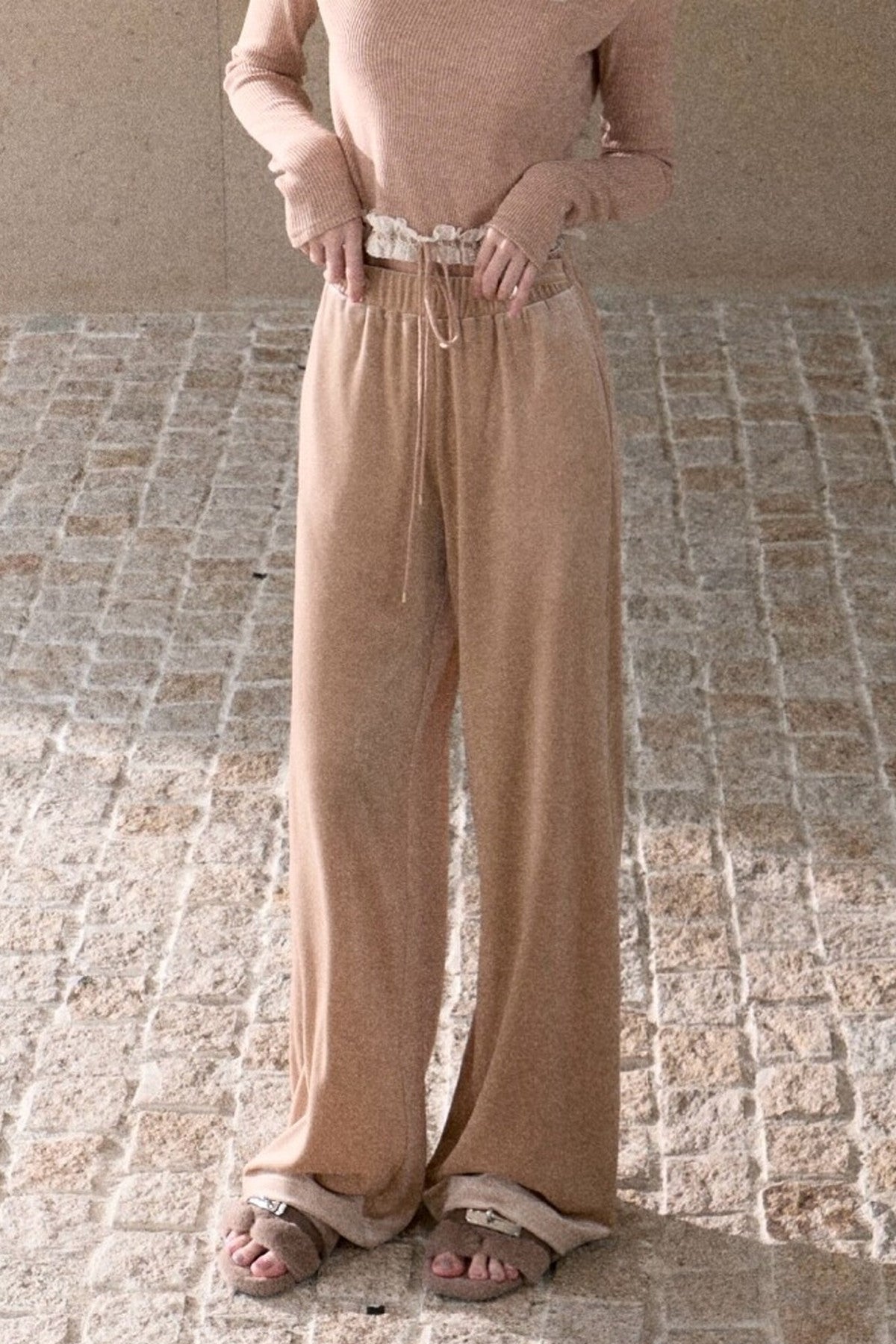 Lace Knit Long-Sleeve Top and Drape Velvet Straight-Leg Pants Set-Up