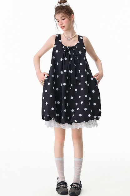 Black Polka Dot Sleeveless Lace Hem Dress