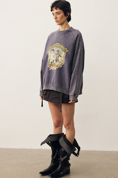 Washed Cat Print Sweatshirt and Pants Set