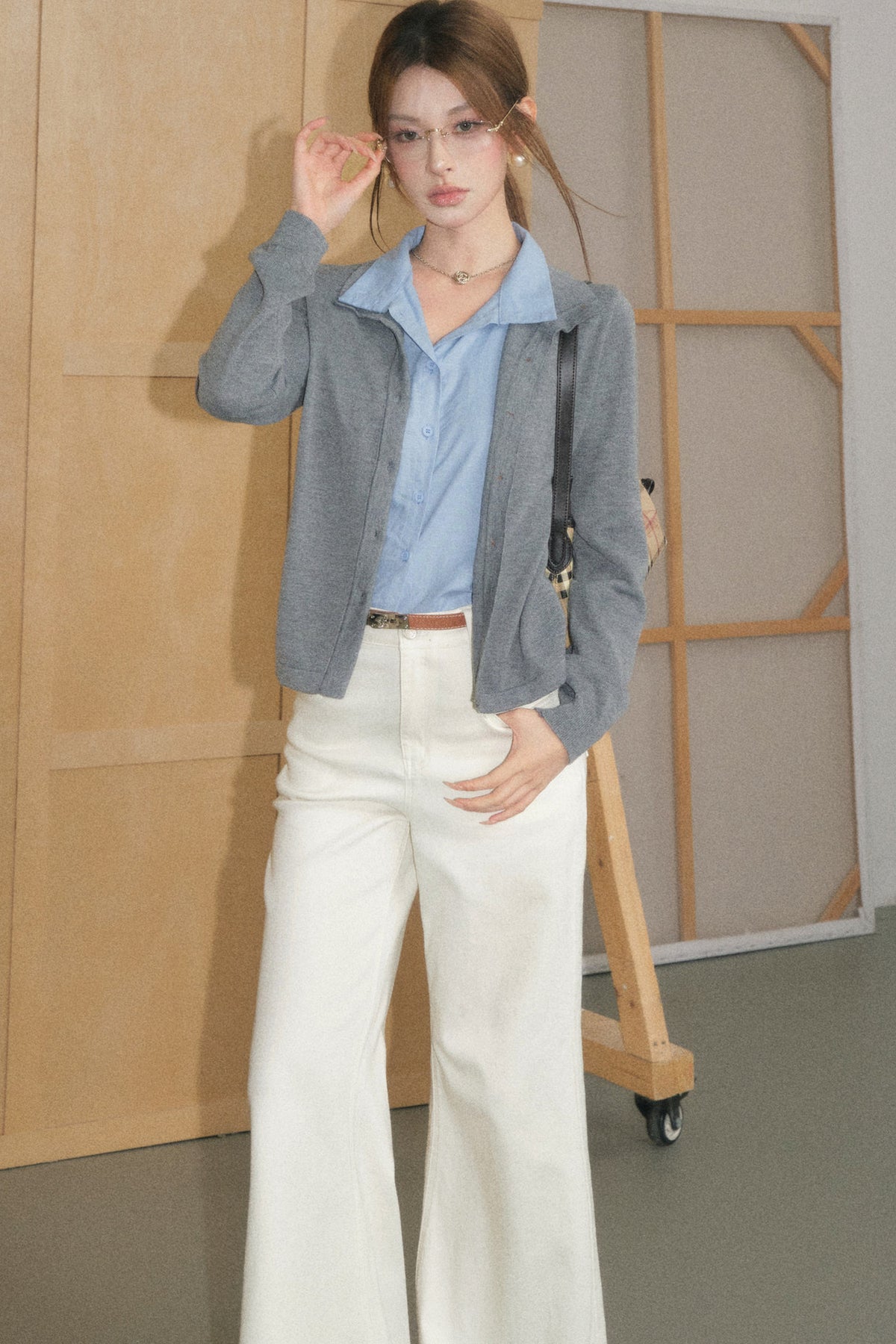 Grey Wool Cardigan and White Trousers Set-Up