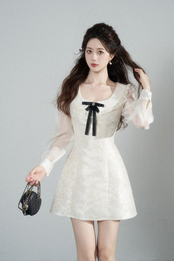 Waist-Cinching A-Line Jacquard Long-Sleeve Dress
