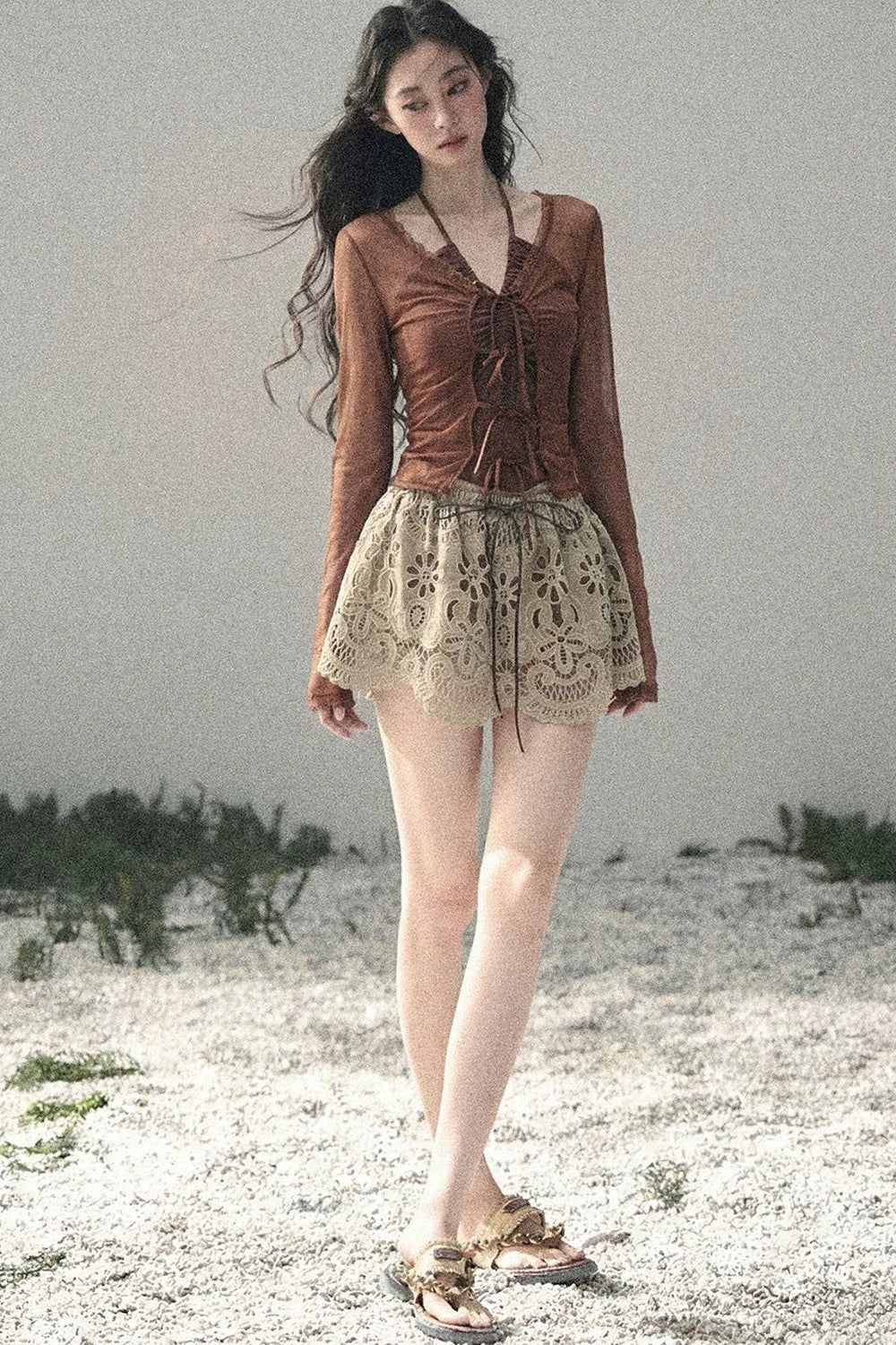 레이스 홀터 탑 투피스 셋업