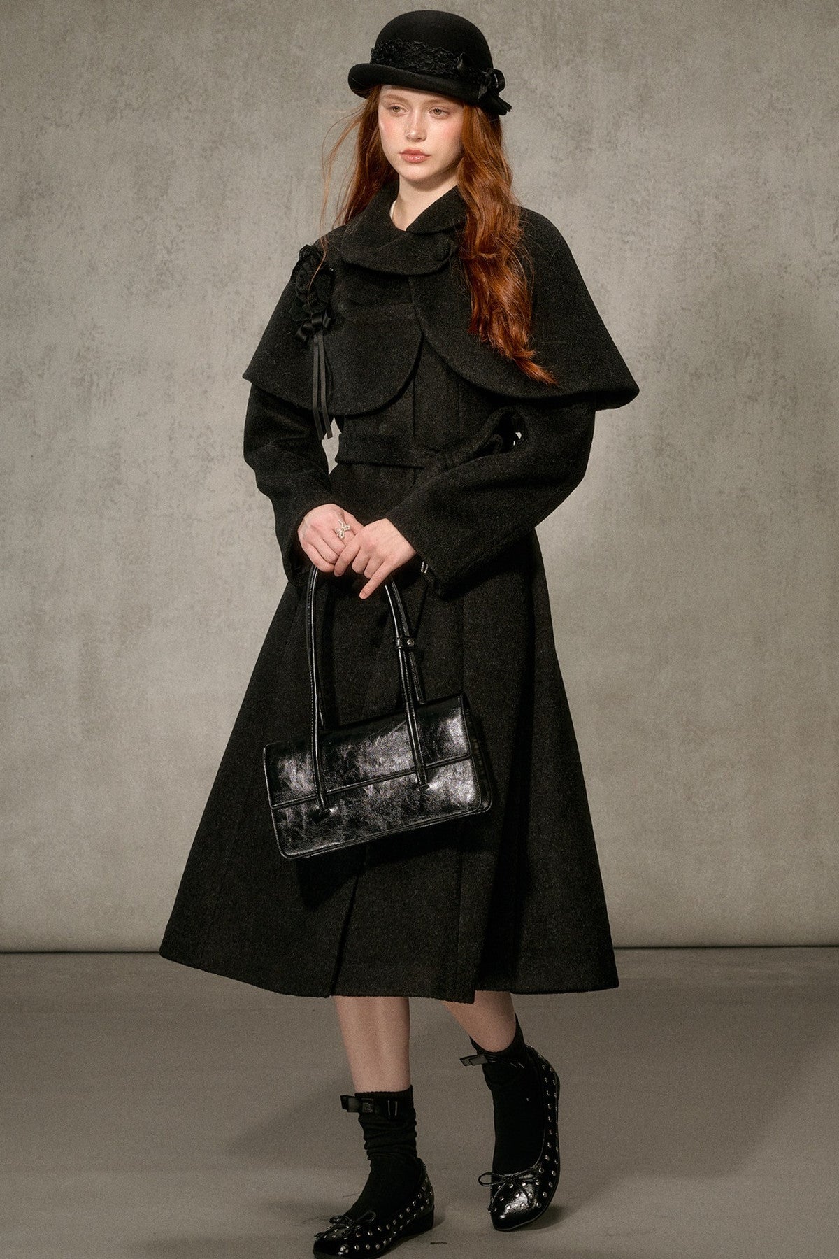 Floral Embroidered Long Woolen Cape Coat Set-Up