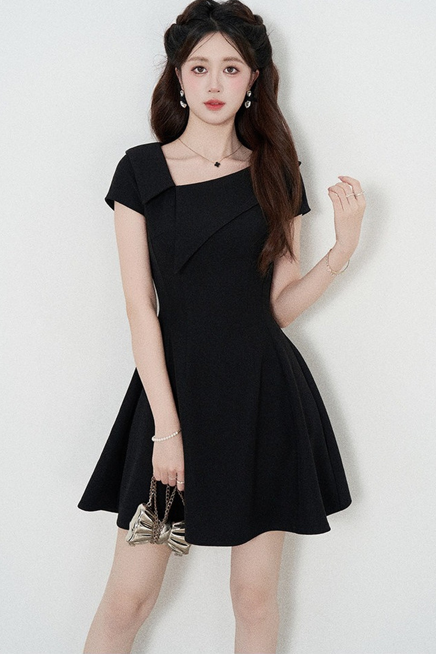 Irregular Collar Black A-Line Dress