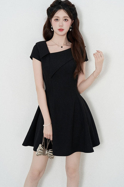 Irregular Collar Black A-Line Dress
