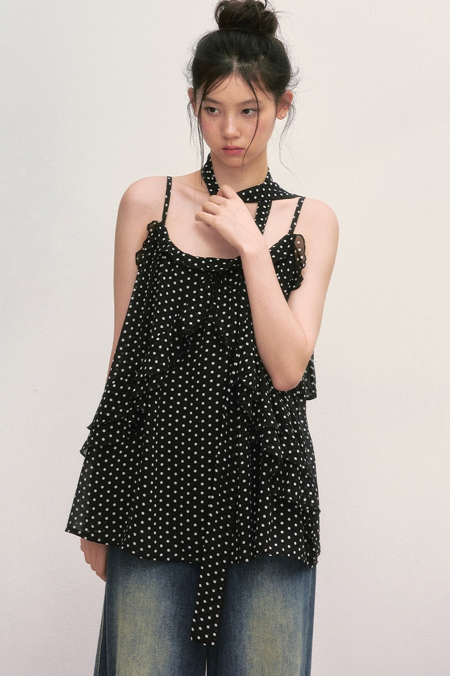 Polka Dot Ruffled Chiffon Camisole