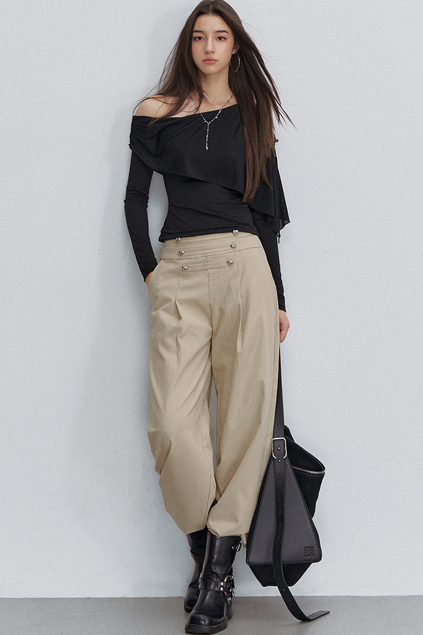 Asymmetric One-Shoulder Button Shawl Long Sleeve Top