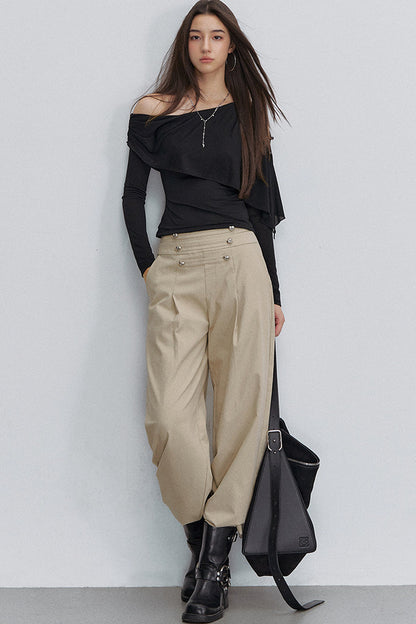 Asymmetric One-Shoulder Button Shawl Long Sleeve Top