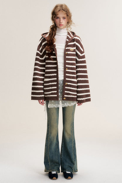 Hooded Striped Knit Cardigan
