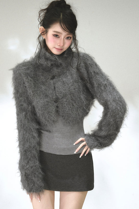 Long-Haired Turtleneck Knit Cardigan