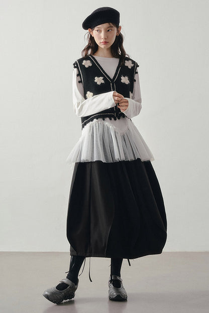 Wavy Hem Mesh Long Sleeve Top