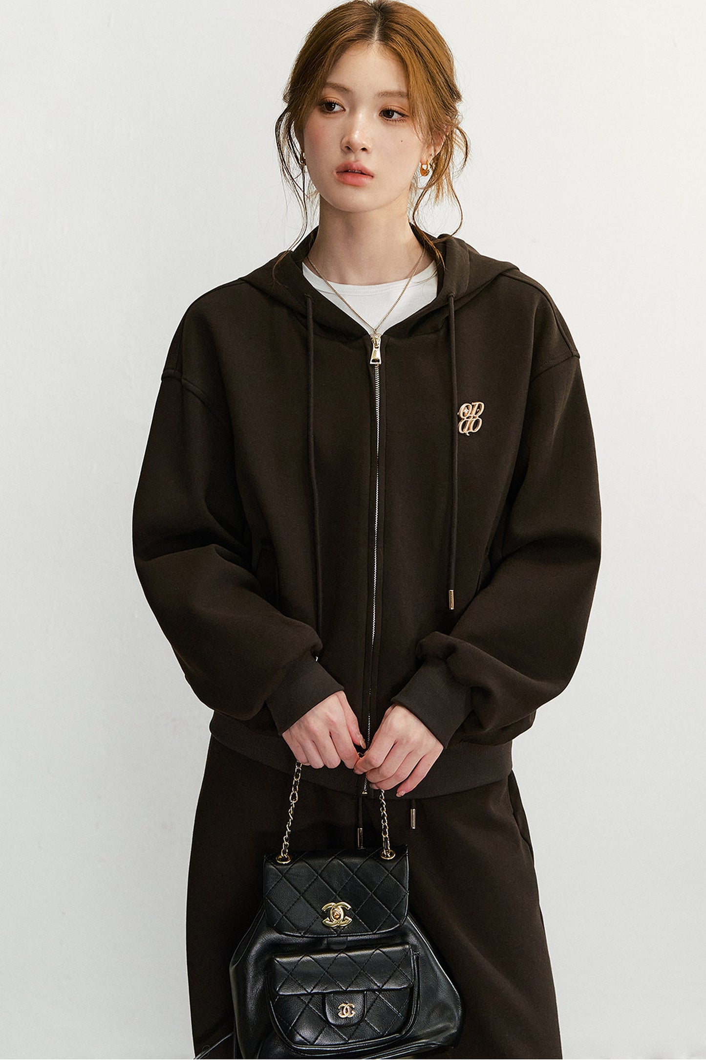 Embroidered Hooded Cardigan Sweatshirt and Wide-Leg Pants Set-Up