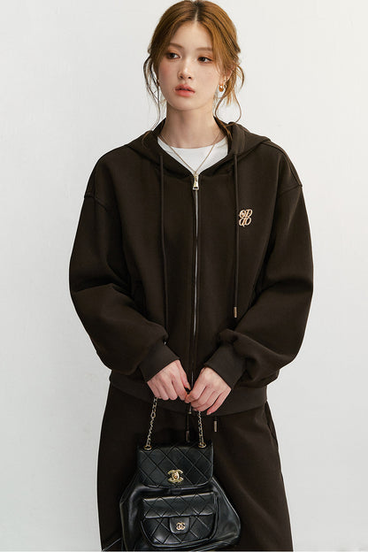 Embroidered Hooded Cardigan Sweatshirt and Wide-Leg Pants Set-Up
