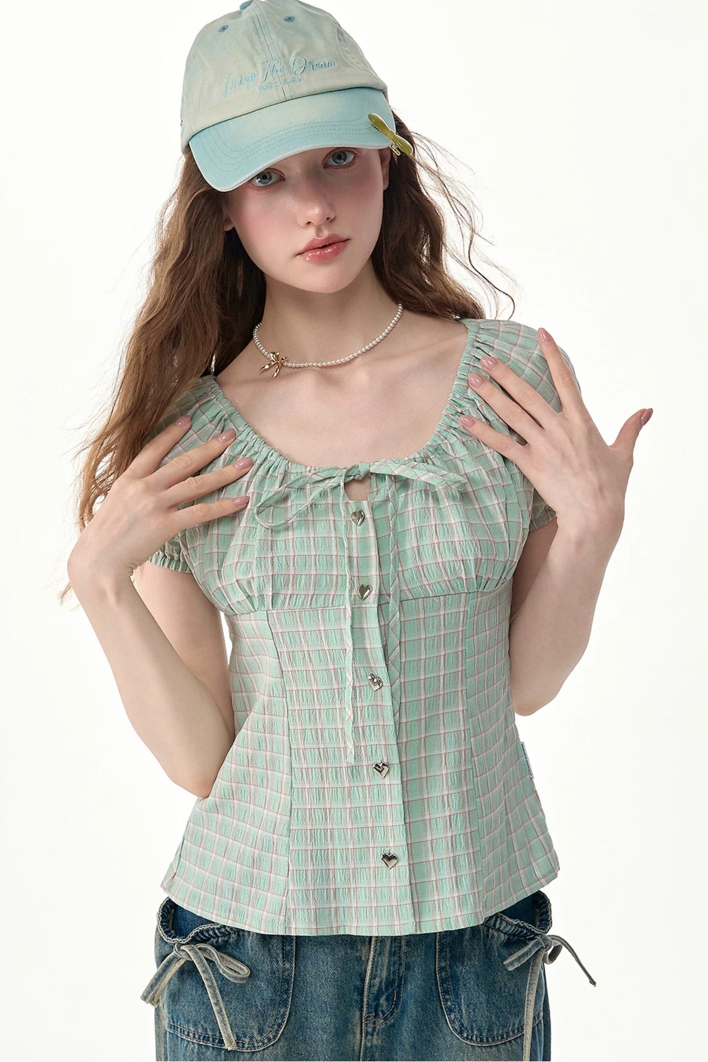 Green Plaid Puff Sleeve Button Front Top
