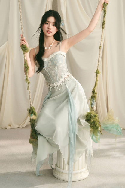 Retro Lace Fishbone Tube Top and Layered Skirt Set-Up