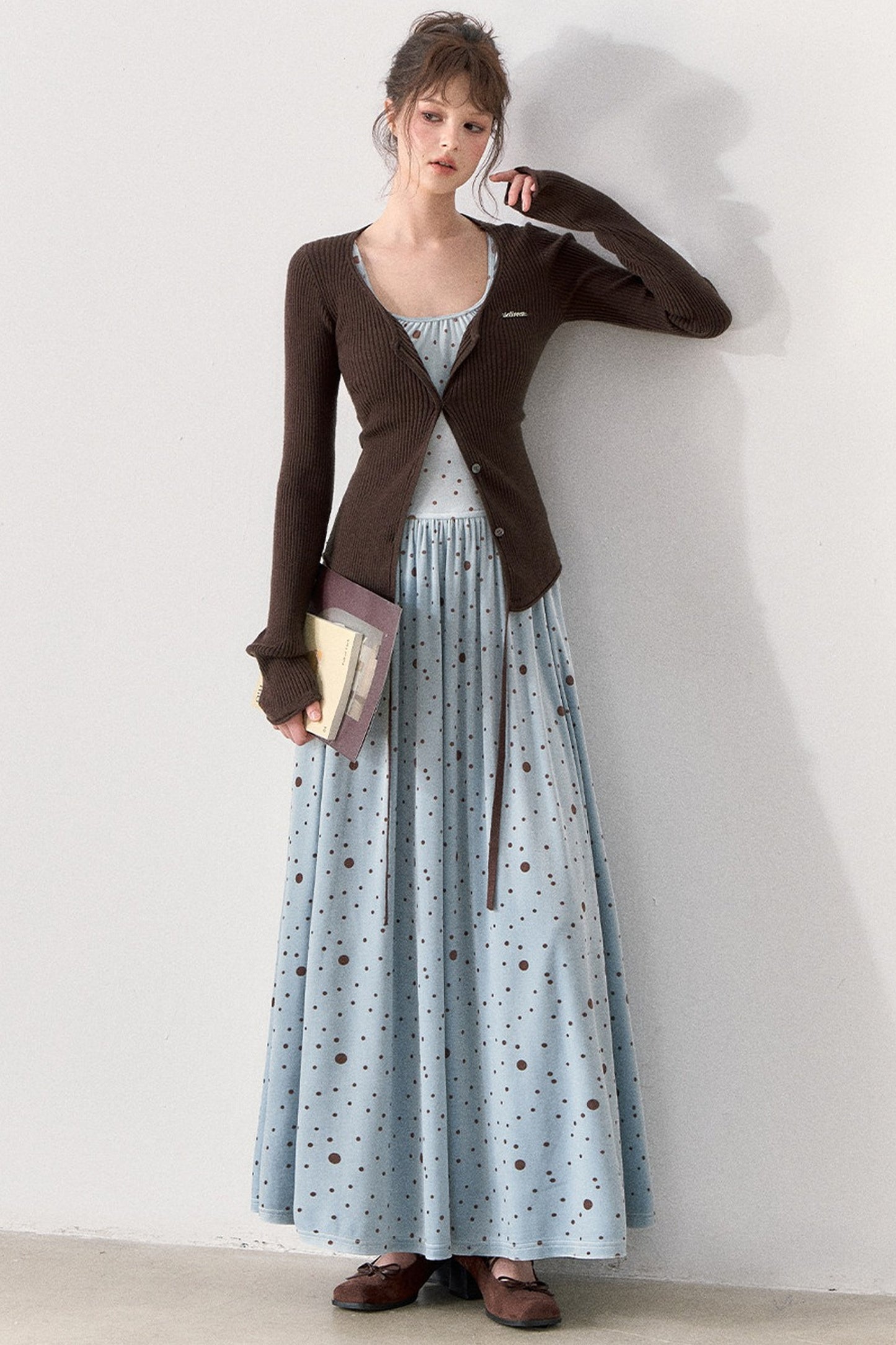 Slim Fit Polka Dot Dress and Knit Cardigan