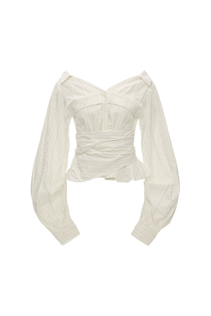 Blouse épaules dénudées à volants effet superposé