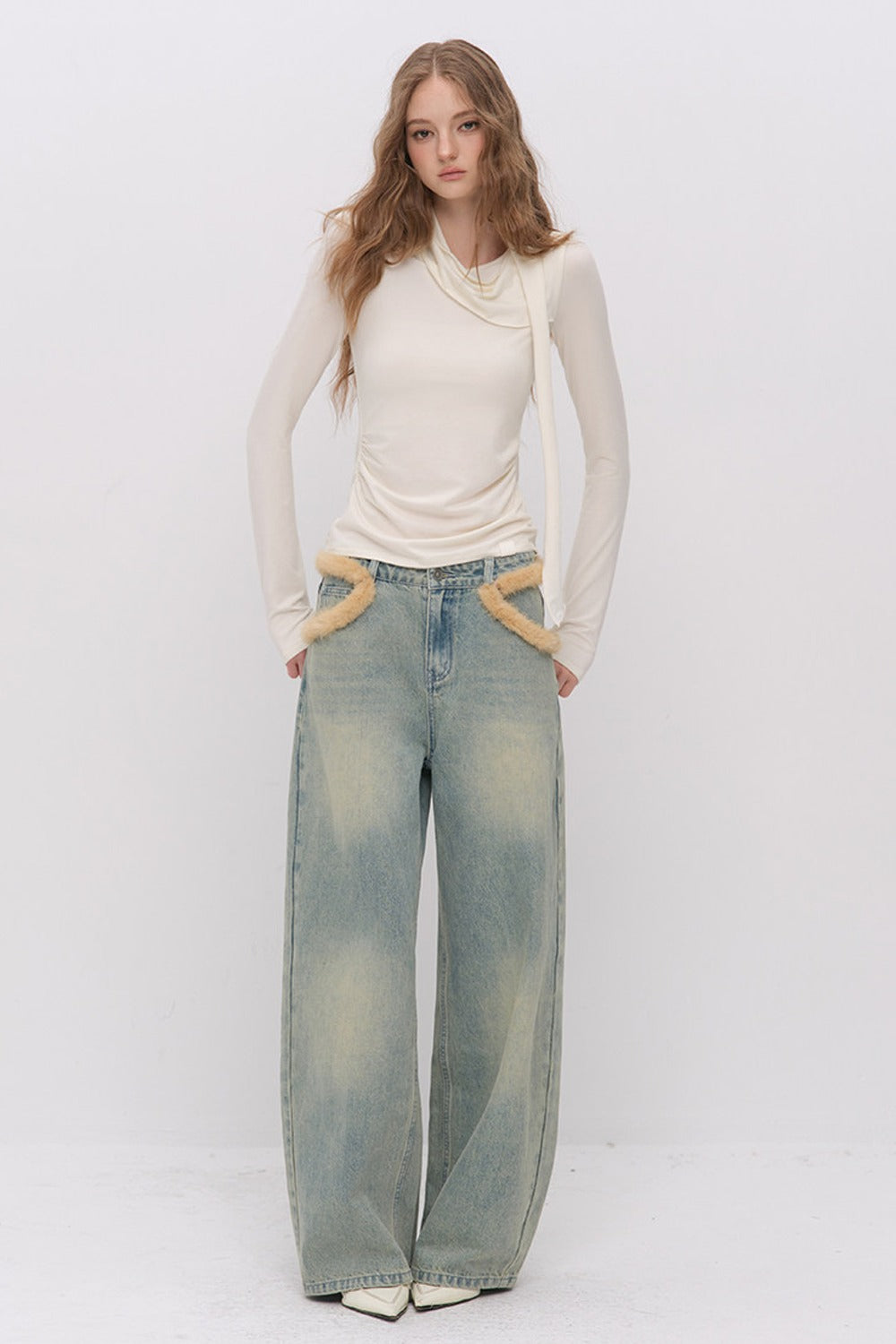 Fur Patch Wide-Leg Jeans