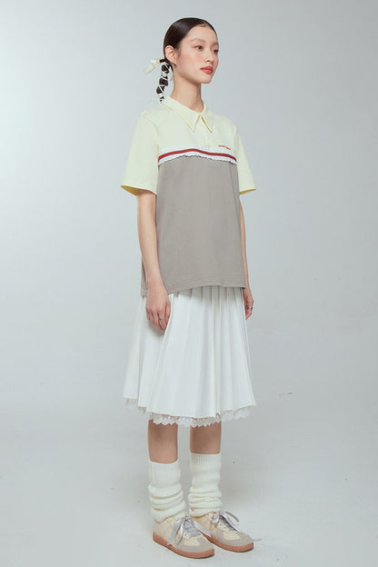 Color Block Lace Trim Cotton Polo