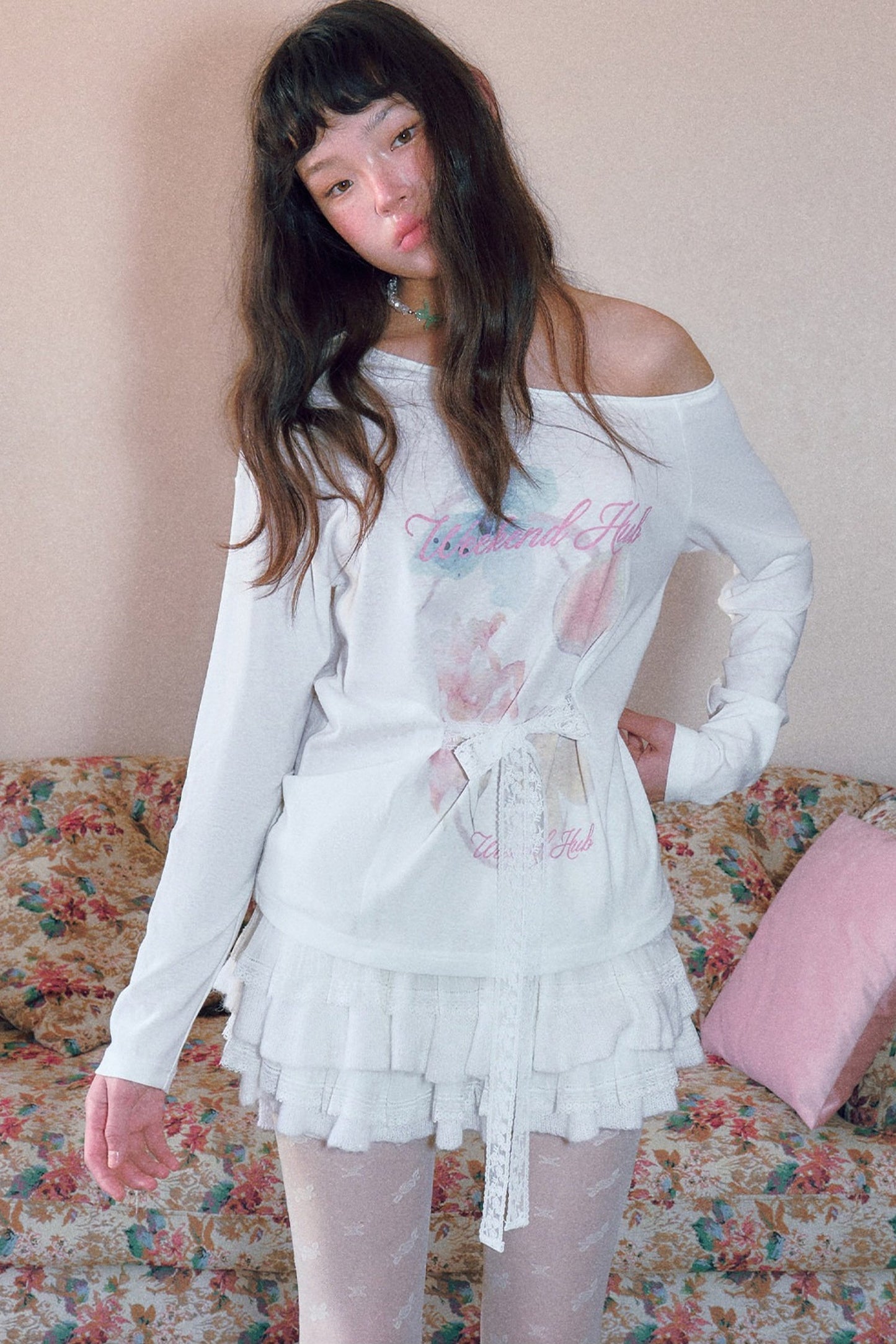 Floral Print Off-Shoulder Long-Sleeved Top and Skirt Set-Up
