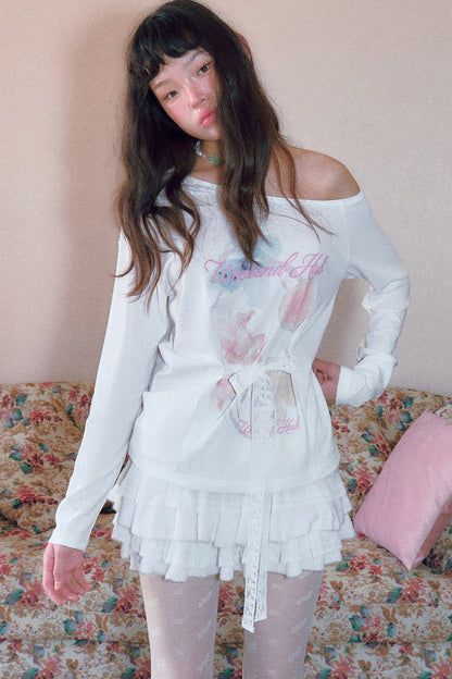 Floral Print Off-Shoulder Long-Sleeved Top and Skirt Set-Up
